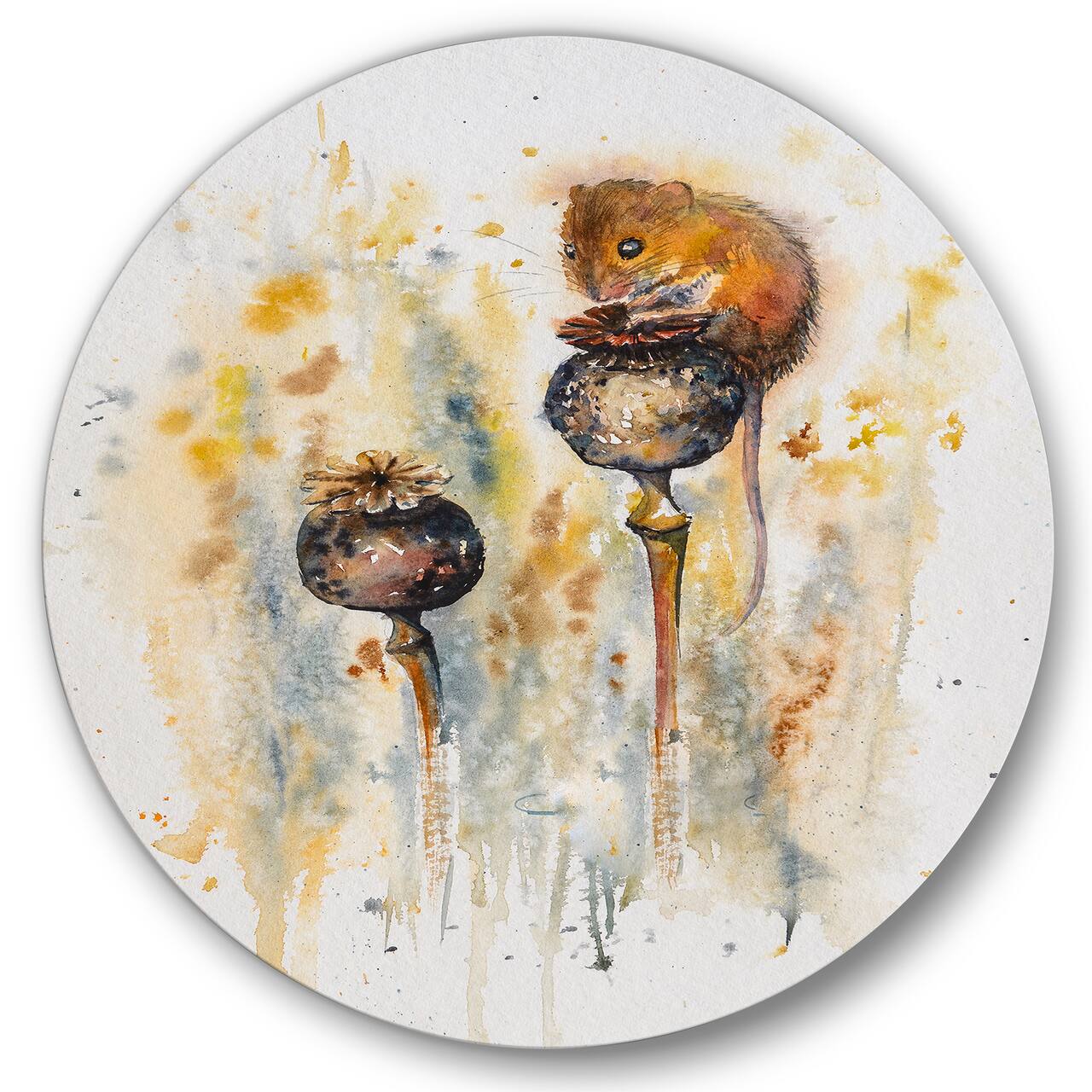 Designart - Mouse Sitting On Poppies - Traditional Metal Circle Wall Art